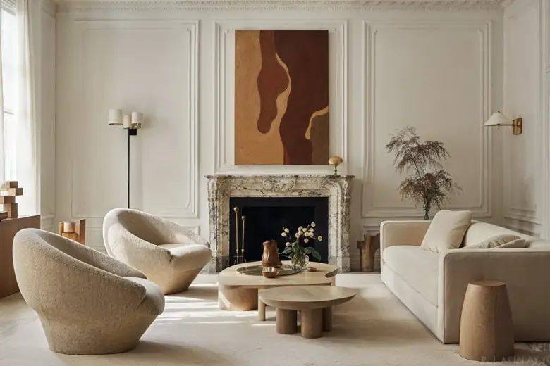 Luxurious interior design with neutral colours, wooden furniture, and a painting hanging over the fire place
Luxurious interior design with neutral colours, wooden furniture, and a painting hanging over the fire place
