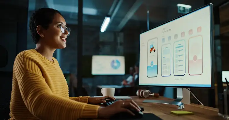Young designer working on a desktop in a creative office, developing an app design and UI in Figma.