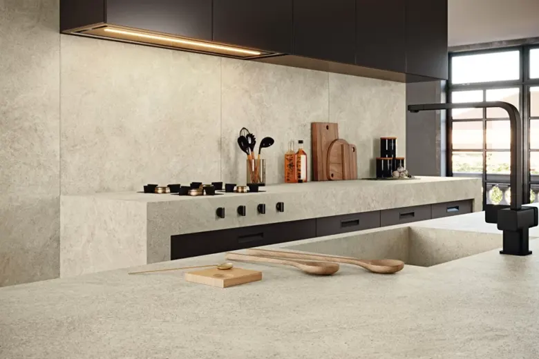 Indian parallel kitchen with natural stone slabs.
Indian parallel kitchen with natural stone slabs.