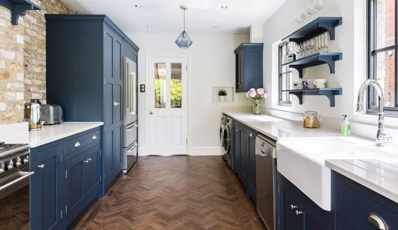 Indian parallel kitchen with a fusion interior design.
Indian parallel kitchen with a fusion interior design.