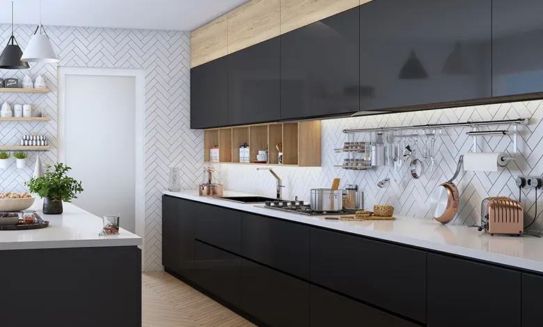 Indian parallel kitchen interior design idea with cabinets with a glossy finish.
Indian parallel kitchen interior design idea with cabinets with a glossy finish.