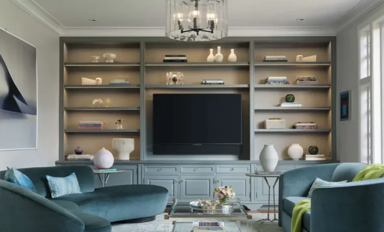 A luxury living room with built-in shelves. A luxury living room with built-in shelves.