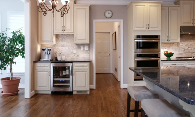 An Indian parallel kitchen with a beverage station.
An Indian parallel kitchen with a beverage station.