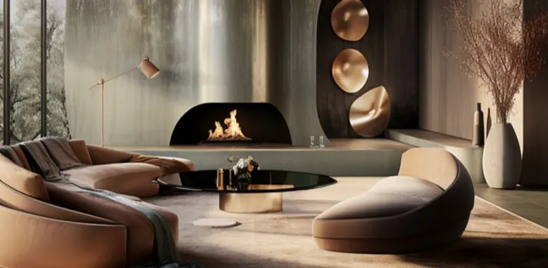 A luxury living room with a statement fireplace and earthy tones.
A luxury living room with a statement fireplace and earthy tones.