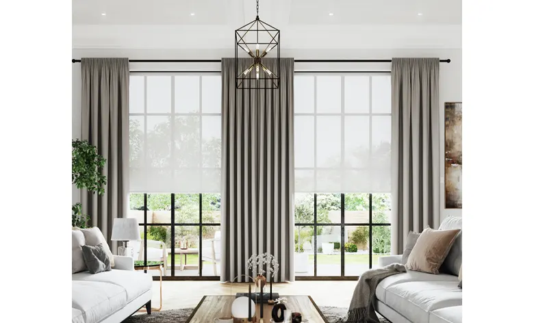 Artisanal drapes and blinds in a living room. Artisanal drapes and blinds in a living room.