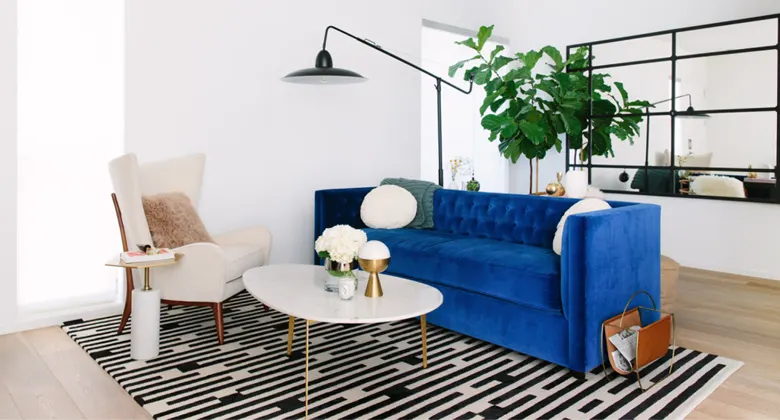 A luxury living room interior design with velvet upholstery.
A luxury living room interior design with velvet upholstery.
