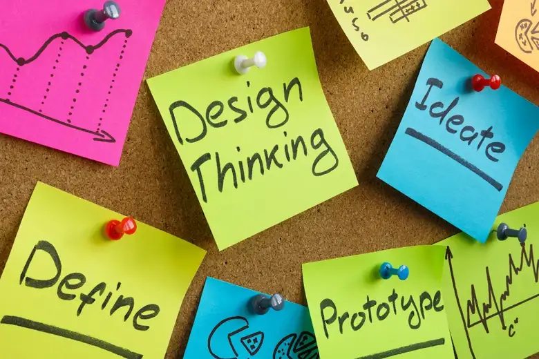 Sticky notes on a board with board pins displaying the Design Thinking process and how to enhance their project.
