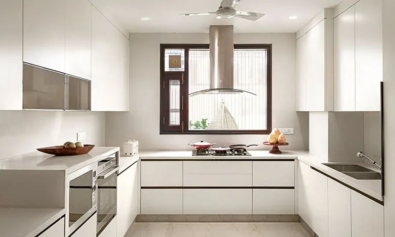 Indian parallel kitchen interior design with practical appliances.
Indian parallel kitchen interior design with practical appliances.