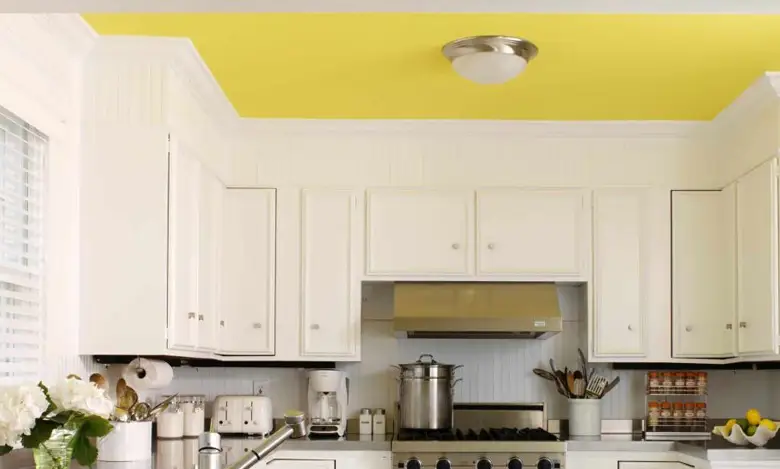 A colourful ceiling in an Indian parallel kitchen. A colourful ceiling in an Indian parallel kitchen.