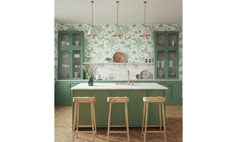 Indian parallel kitchen with a floral wallpaper.
Indian parallel kitchen with a floral wallpaper.