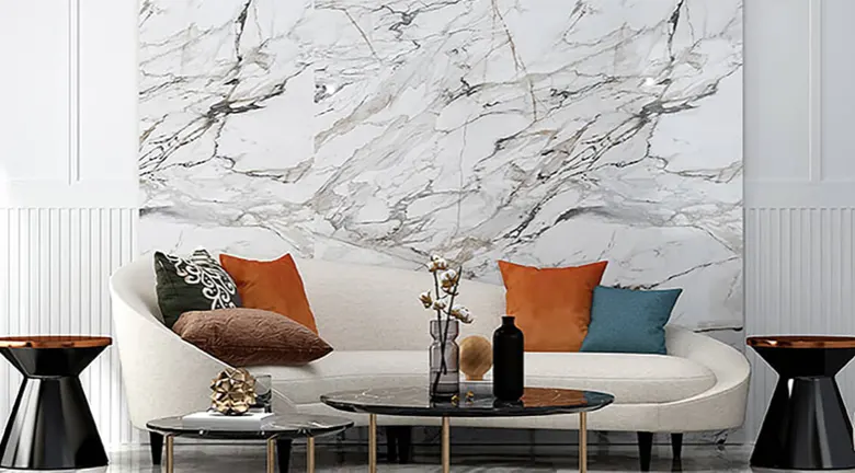 A marble accent wall in a living room.
A marble accent wall in a living room.