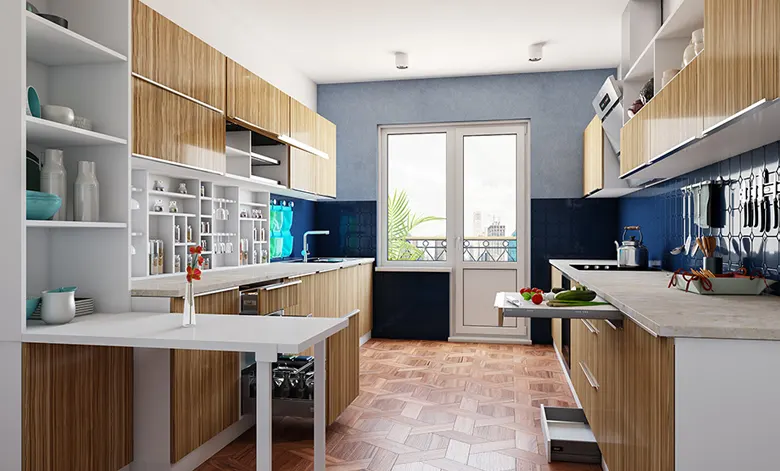 Indian parallel kitchen interior design idea with multifunctional elements. Indian parallel kitchen interior design idea with multifunctional elements.