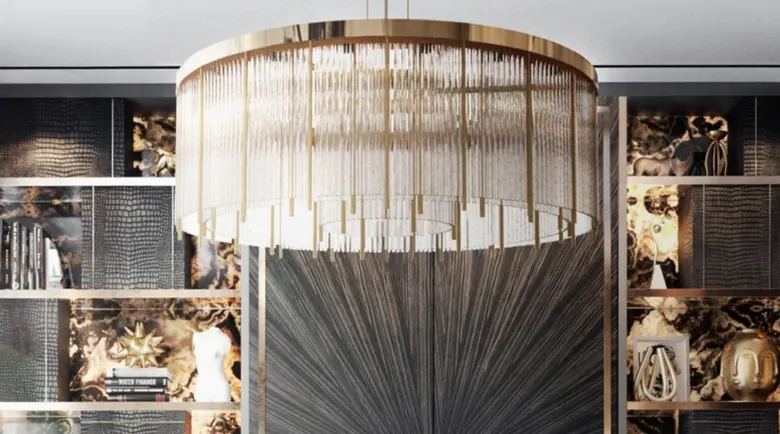 A luxury statement chandelier in a living room.
A luxury statement chandelier in a living room.