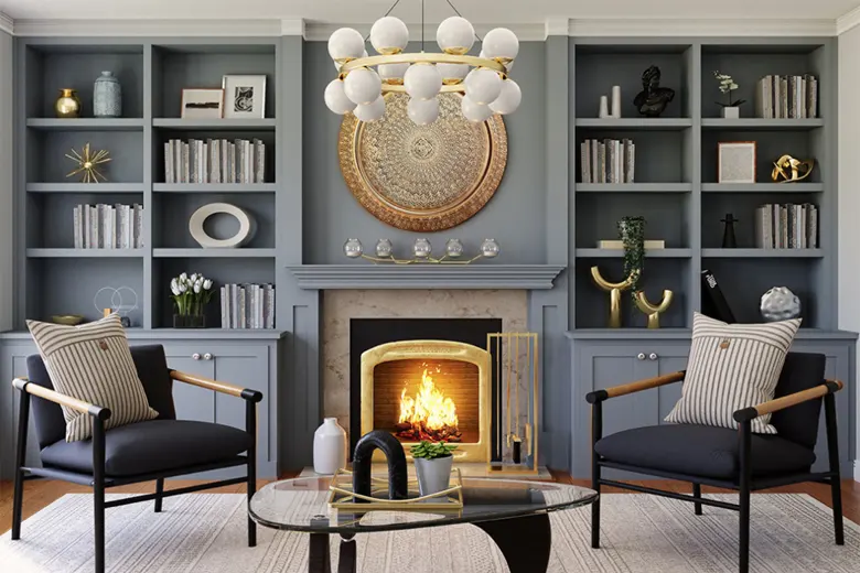 A luxury living room with bookcases and shelves in metallic finish. A luxury living room with bookcases and shelves in metallic finish.