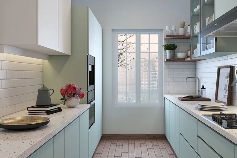 A minimal Indian parallel kitchen interior design. A minimal Indian parallel kitchen interior design.