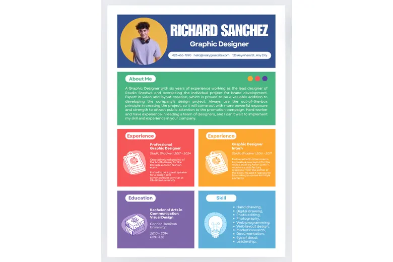 Colorful collage infographic resume template by Canva.
Colorful collage infographic resume template by Canva.