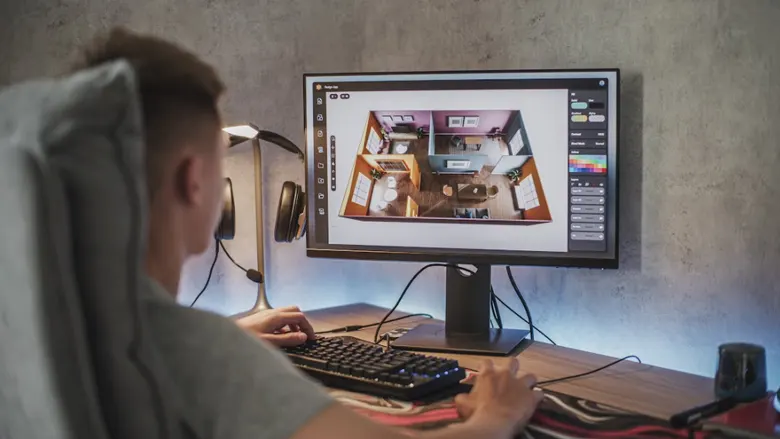 image displaying freelancer working on his desktop using different software for an interior design project. image displaying freelancer working on his desktop using different software for an interior design project.
