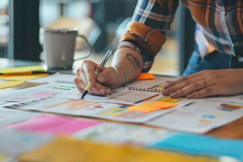 A graphic designer ideating designs on paper.
A graphic designer ideating designs on paper.