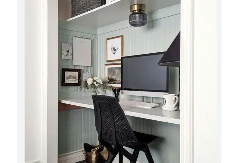 Image showcasing the transition of a closet into a home office. Image showcasing the transition of a closet into a home office.