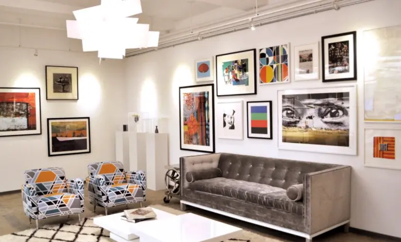 A small salon with creative wall art.

