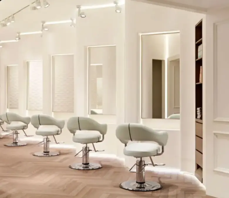 LED mood lighting is a popular small salon interior design idea.
