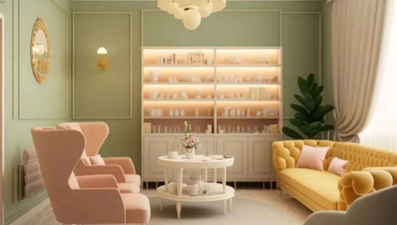 Living room style waiting area in a small salon.
