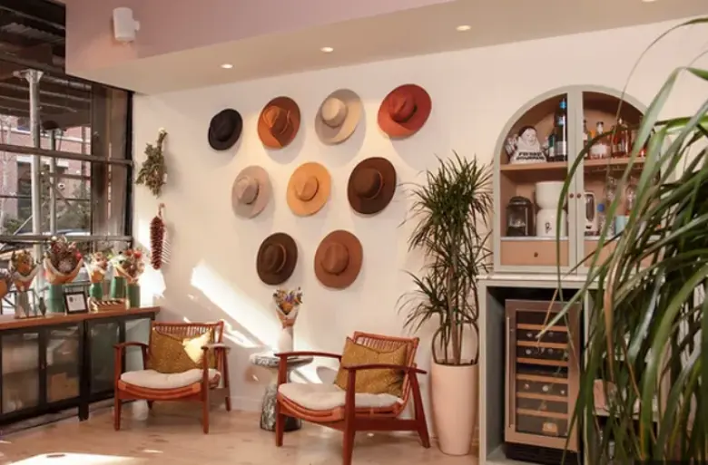 Small salon interior design with artisanal decor.