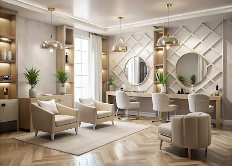 Salon design with geometric patterns, stylish accessories, and a balanced layout that promotes comfort.
