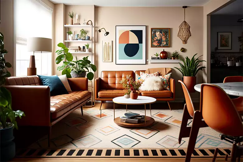 A room designed in a mid-century modern interior design style.