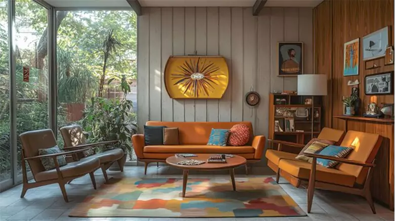 Living room with neutral tones and vibrant mustard yellow accents.