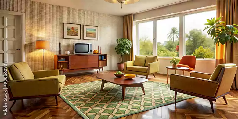 Geometric patterned rug paired with mid-century furniture.
