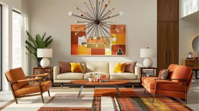 Minimalistic living room with a neutral sofa and vintage coffee table.
