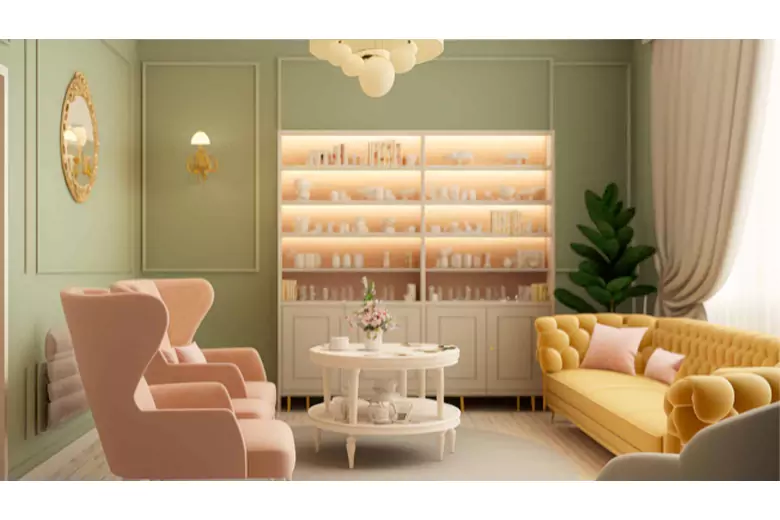 Living room style waiting area in a small salon. Living room style waiting area in a small salon.