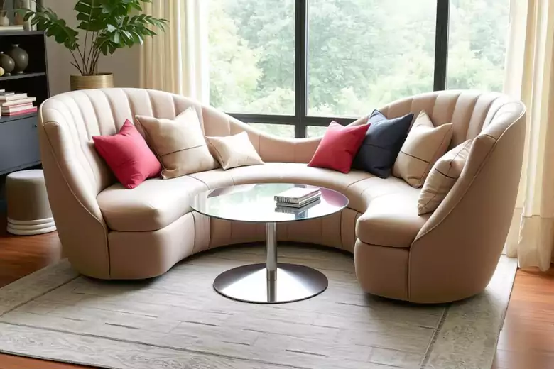 Curved sofa with a circular table.
