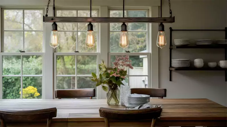 Pendant lights with brass finishes hanging above the dining space.