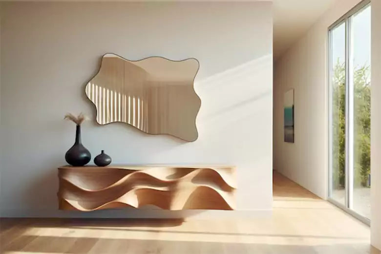 A stylish mirror hanging above a table structured like waves.
