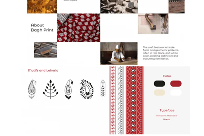 Motifs and patterns used in the invite and brochure, inspired by traditional Bagh print and color palette.
Motifs and patterns used in the invite and brochure, inspired by traditional Bagh print and color palette.