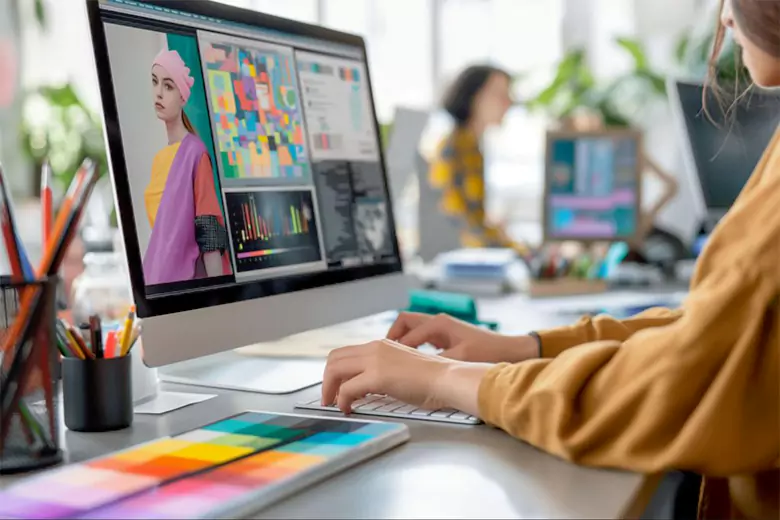 A graphic designer working on a computer system. A graphic designer working on a computer system.