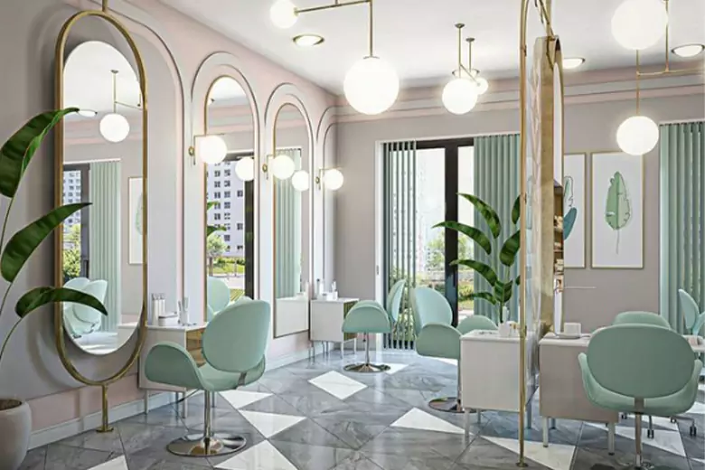 Salon interior featuring a pastel color palette, creating a relaxed atmosphere that invites comfort for customers Salon interior featuring a pastel color palette, creating a relaxed atmosphere that invites comfort for customers