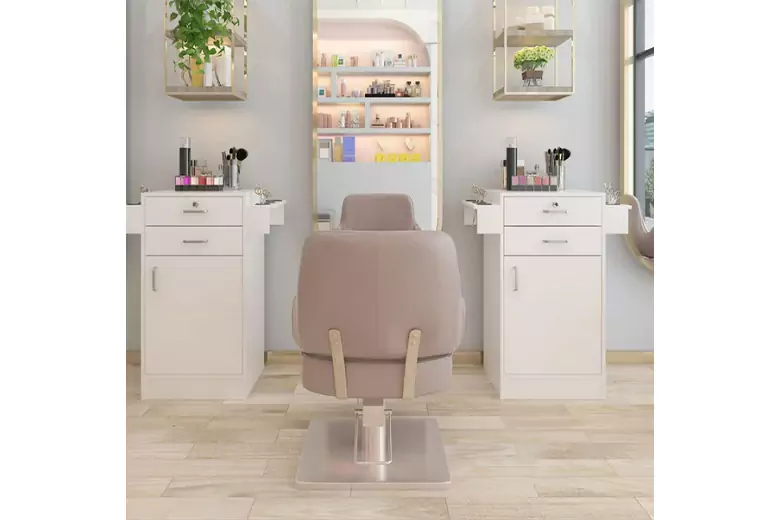 Compact workstations are a small salon interior design style trend. Compact workstations are a small salon interior design style trend.