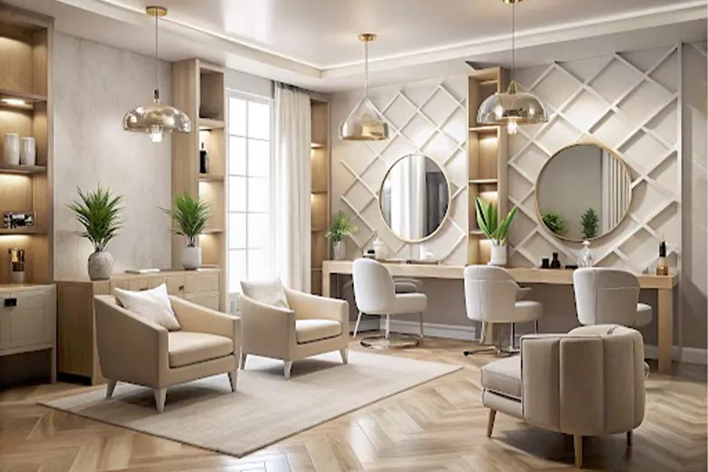 Salon design with geometric patterns, stylish accessories, and a balanced layout that promotes comfort. Salon design with geometric patterns, stylish accessories, and a balanced layout that promotes comfort.