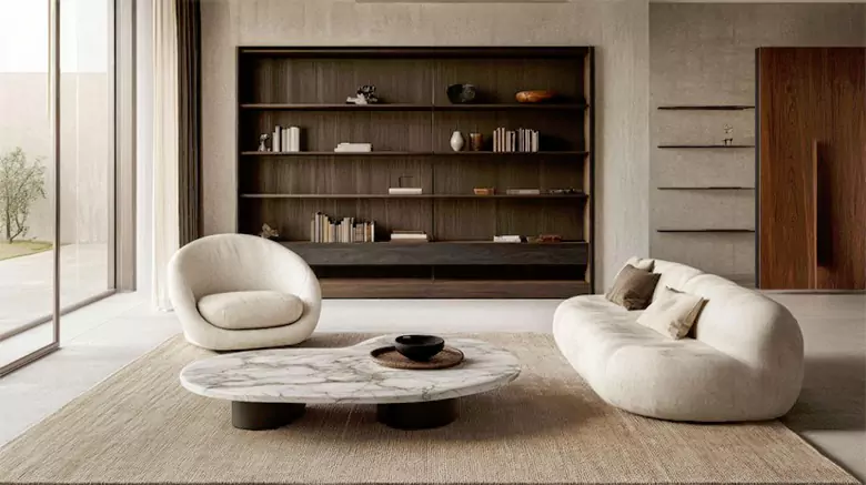 Stylish mid-century lounge chair paired with a sleek coffee table.