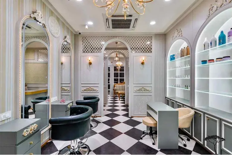 Beauty salon image featuring open shelves for visual aesthetic appeal with checkered tiles and classy wallpaper.
Beauty salon image featuring open shelves for visual aesthetic appeal with checkered tiles and classy wallpaper.