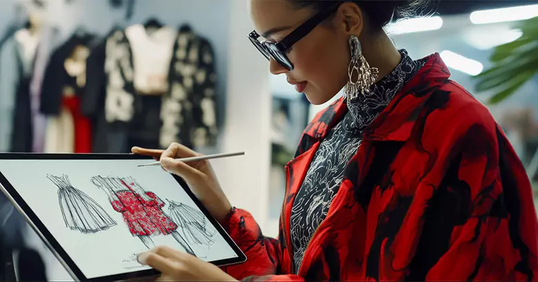 A woman doing her design job using Adobe Illustrator.