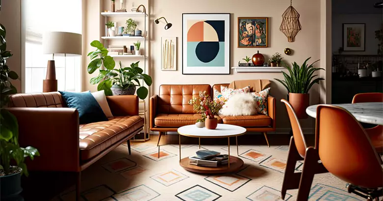 A room designed in a mid-century modern interior design style.