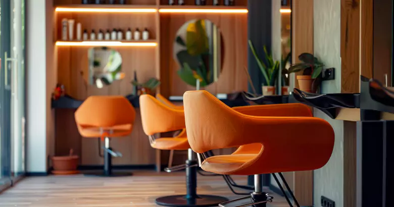 A small salon interior design idea with brown chairs and wooden decor.