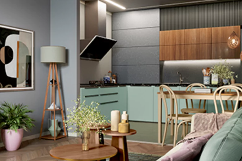 Image showcasing an open-plan layout that offers a multifunctional space by combining the kitchen and living area. Image showcasing an open-plan layout that offers a multifunctional space by combining the kitchen and living area.