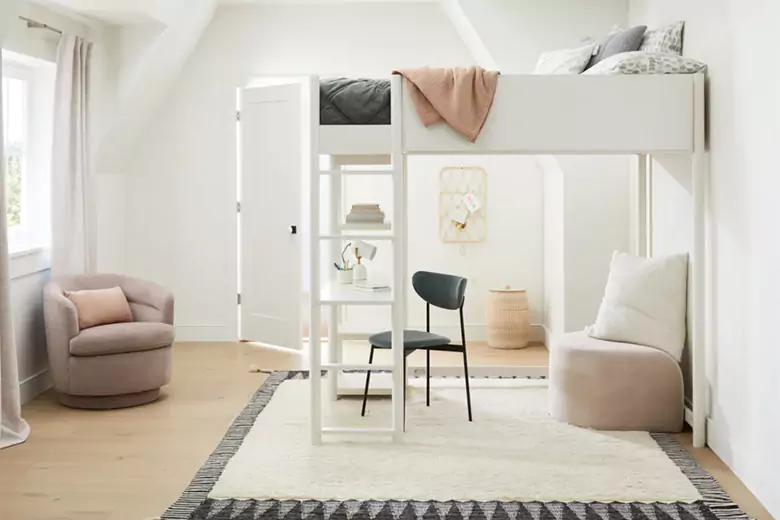 A bedroom furniture design with a loft bed.