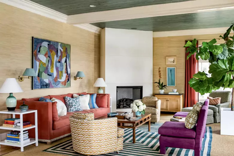 Using vibrant rugs in a living room