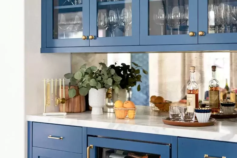 Modern kitchen interior design with glass cabinet doors.
Modern kitchen interior design with glass cabinet doors.